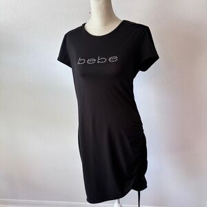 VTG Deadstock Bebe Festival Logo Ruched Y2K T-Shirt Dress Womens M Black